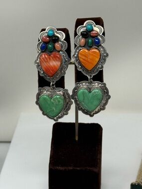 Handcrafted Heart Dangle native american Earrings Green & Orange Stones 3” long